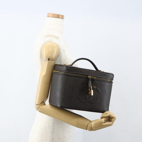 CHANEL COCO Mark Vanity Pouch Caviar Skin Brown Gold CC Auth bs31399