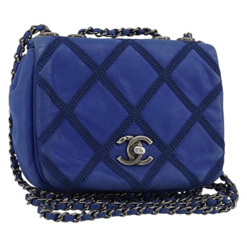 CHANEL Chain Matelasse Shoulder Bag Lamb Skin Blue Silver CC Auth bs31400
