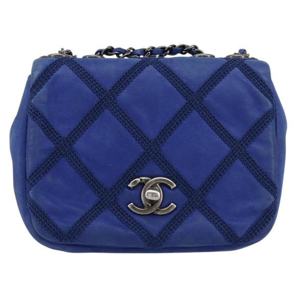 CHANEL Chain Matelasse Shoulder Bag Lamb Skin Blue Silver CC Auth bs31400