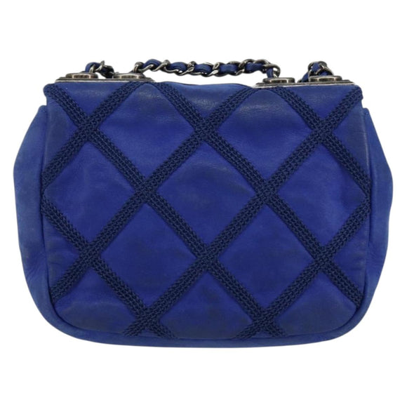 CHANEL Chain Matelasse Shoulder Bag Lamb Skin Blue Silver CC Auth bs31400