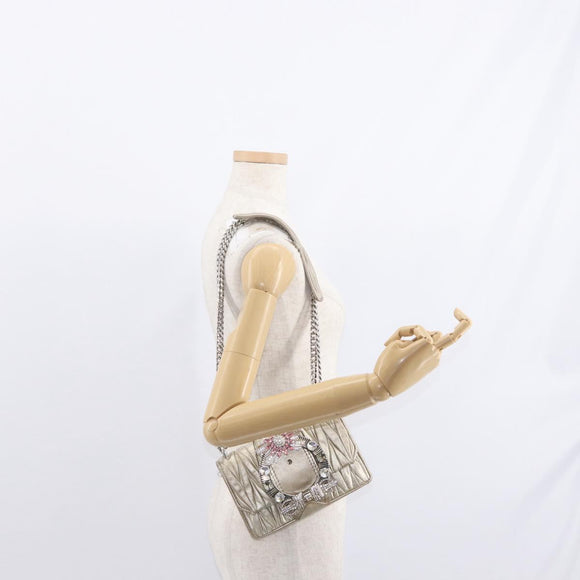 Miu Miu Matelasse Chain Shoulder Bag Leather Champagne Gold Silver Auth bs31411