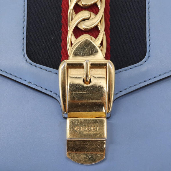 GUCCI Sylvie Sherry Line Chain Bag Leather Light Blue Gold 431666 Auth bs31431