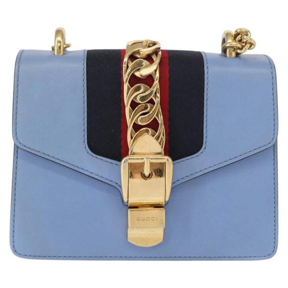 GUCCI Sylvie Sherry Line Chain Bag Leather Light Blue Gold 431666 Auth bs31431