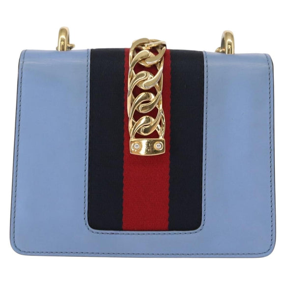 GUCCI Sylvie Sherry Line Chain Bag Leather Light Blue Gold 431666 Auth bs31431