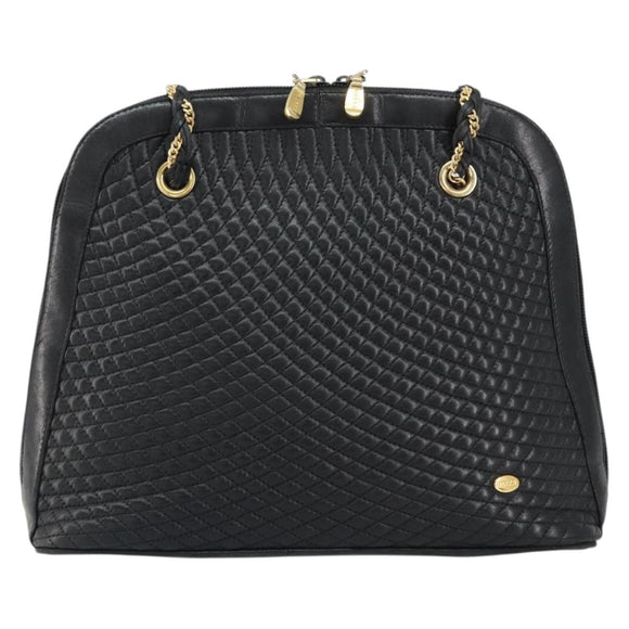 BALLY Quilted Chain Shoulder Bag Leather Black Gold Auth bs31440