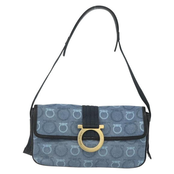 Salvatore Ferragamo Gancini Shoulder Bag Canvas Blue Gold Auth bs31443