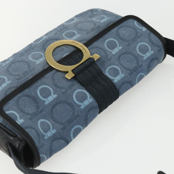 Salvatore Ferragamo Gancini Shoulder Bag Canvas Blue Gold Auth bs31443
