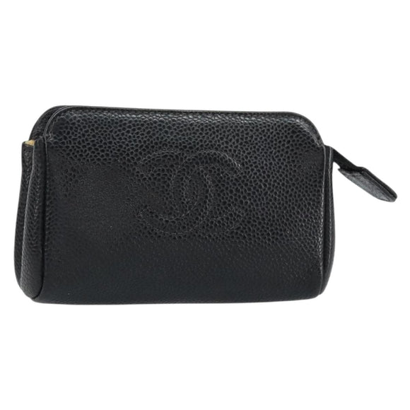 CHANEL Pouch Caviar Skin Black Gold CC Auth bs31451