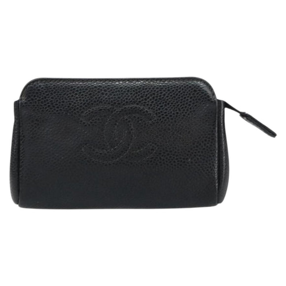 CHANEL Pouch Caviar Skin Black Gold CC Auth bs31451