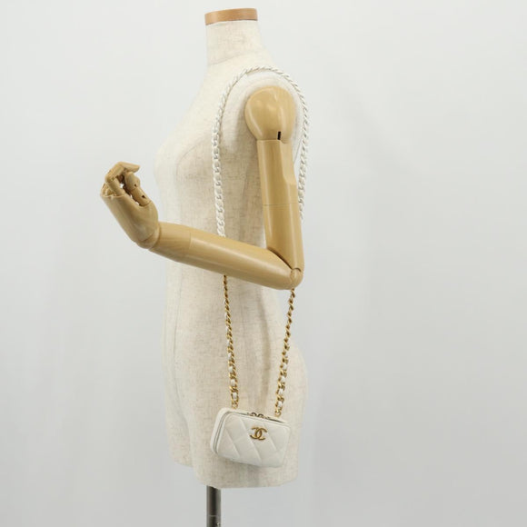 CHANEL Matelasse Chain Shoulder Bag Lamb Skin White Gold CC Auth bs31458SAV