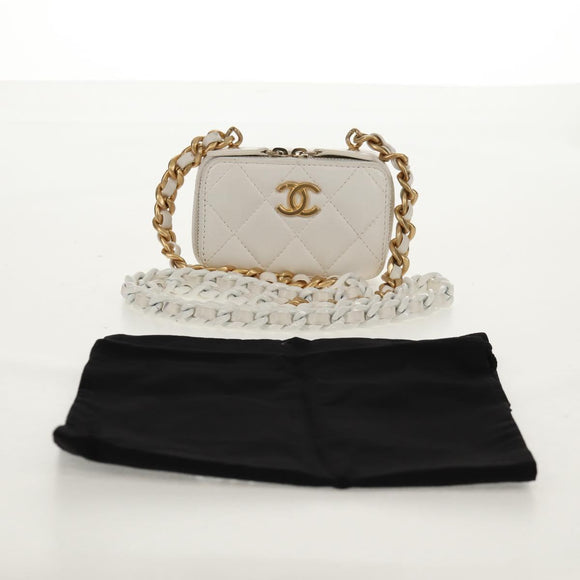 CHANEL Matelasse Chain Shoulder Bag Lamb Skin White Gold CC Auth bs31458SAV