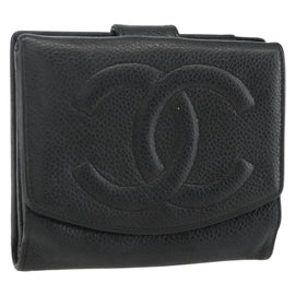 CHANEL Bifold Wallet Caviar Skin Black Gold CC Auth bs31459