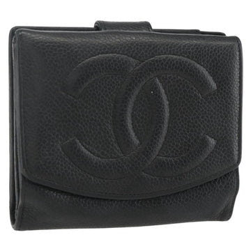 CHANEL Bifold Wallet Caviar Skin Black Gold CC Auth bs31459