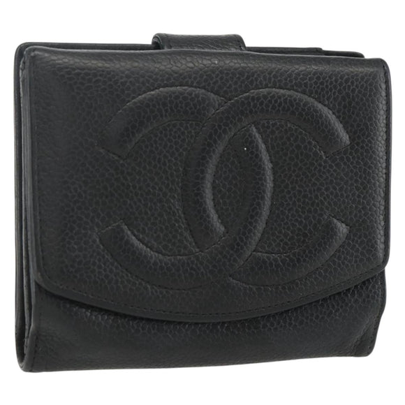 CHANEL Bifold Wallet Caviar Skin Black Gold CC Auth bs31459