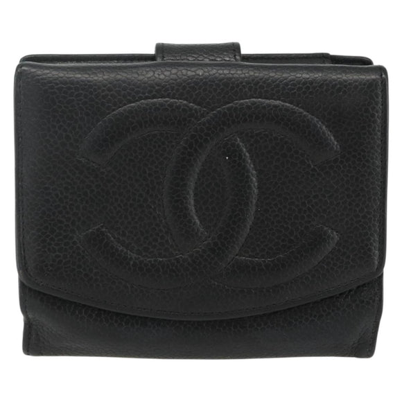 CHANEL Bifold Wallet Caviar Skin Black Gold CC Auth bs31459