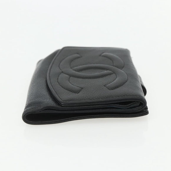 CHANEL Bifold Wallet Caviar Skin Black Gold CC Auth bs31459