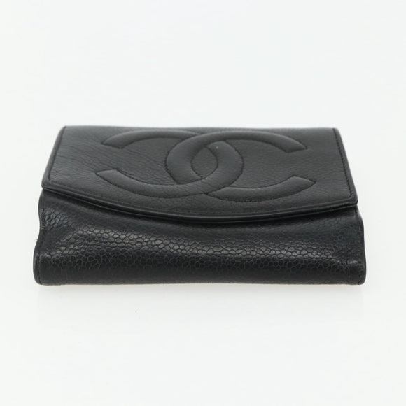 CHANEL Bifold Wallet Caviar Skin Black Gold CC Auth bs31459