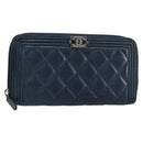 CHANEL Boy Chanel Long Wallet Lamb Skin Navy Silver CC Auth bs31466-1