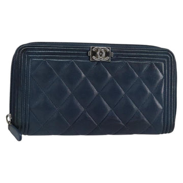 CHANEL Boy Chanel Long Wallet Lamb Skin Navy Silver CC Auth bs31466