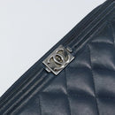 CHANEL Boy Chanel Long Wallet Lamb Skin Navy Silver CC Auth bs31466-17