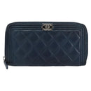 CHANEL Boy Chanel Long Wallet Lamb Skin Navy Silver CC Auth bs31466-13