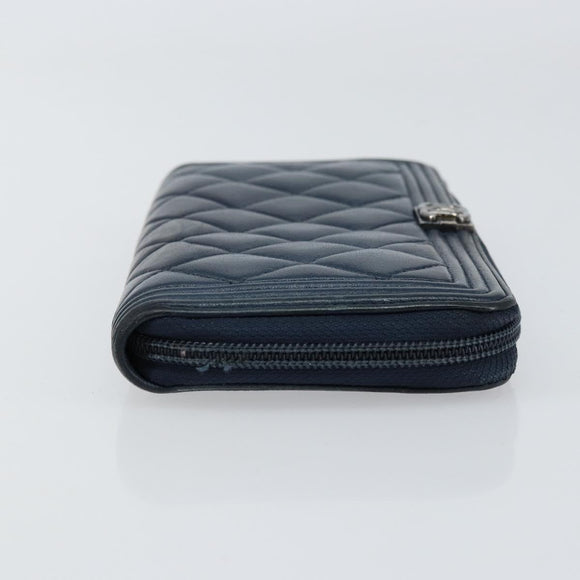 CHANEL Boy Chanel Long Wallet Lamb Skin Navy Silver CC Auth bs31466