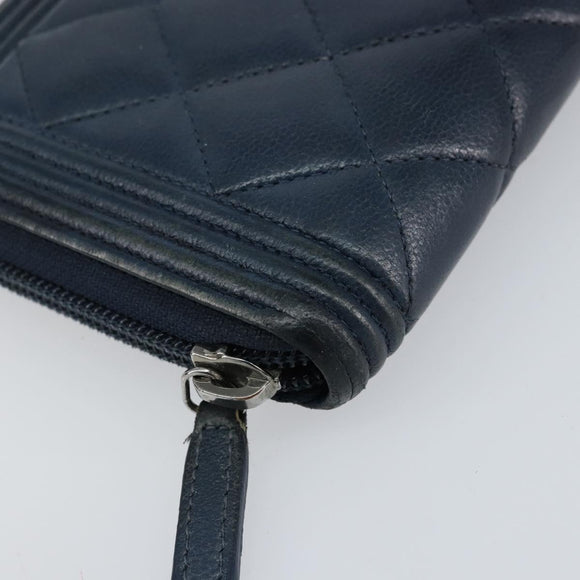 CHANEL Boy Chanel Long Wallet Lamb Skin Navy Silver CC Auth bs31466