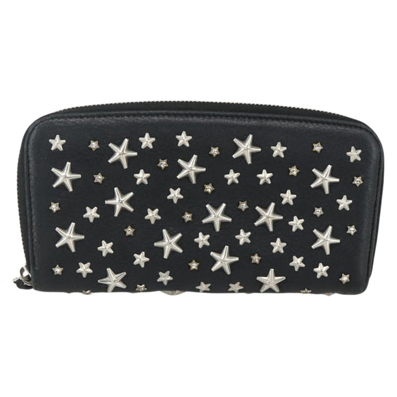 Jimmy Choo Studs Long Wallet Leather Black Silver Auth bs31467
