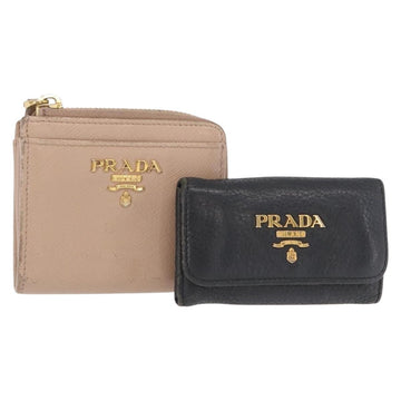 PRADA Key Case Leather 2 Set Beige Black Auth bs31485