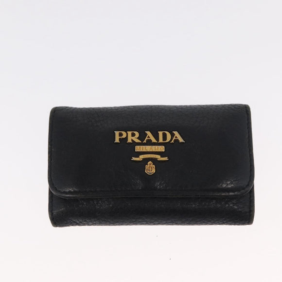 PRADA Key Case Leather 2 Set Beige Black Auth bs31485
