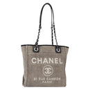 CHANEL Deauville line Chain Tote Bag Canvas Gray Silver CC Auth bs31505-1
