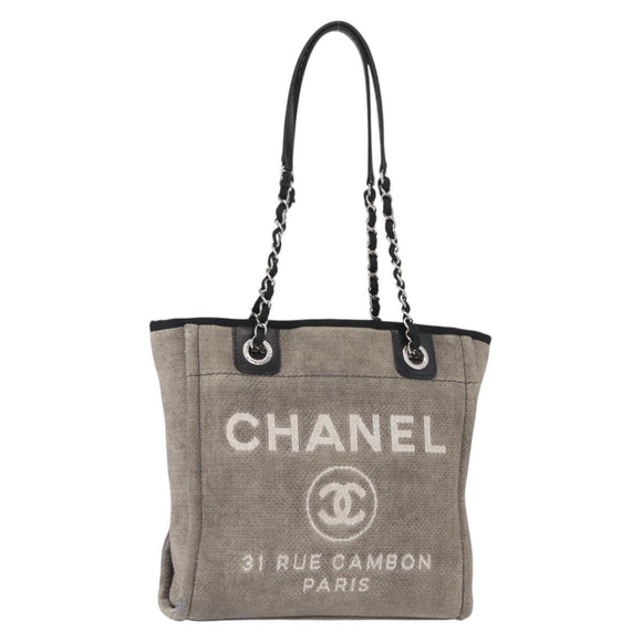 CHANEL Deauville line Chain Tote Bag Canvas Gray Silver CC Auth bs31505