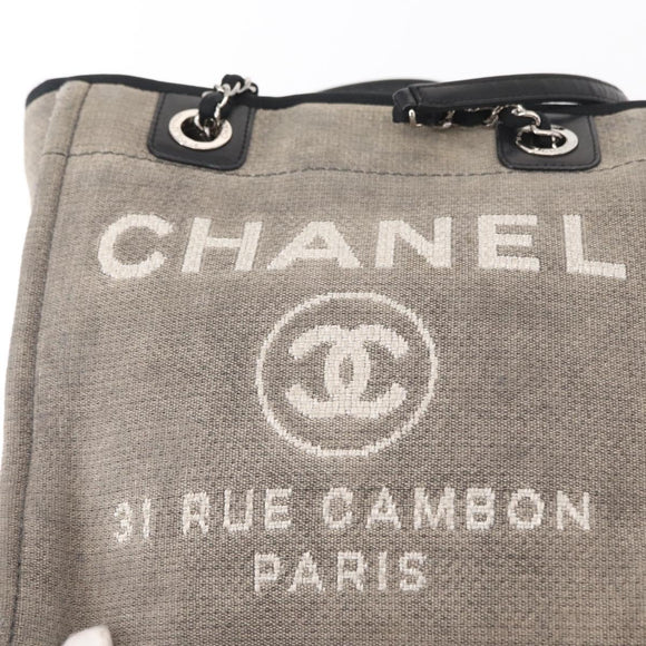 CHANEL Deauville line Chain Tote Bag Canvas Gray Silver CC Auth bs31505