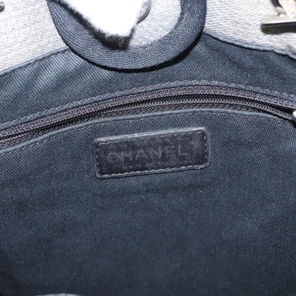 CHANEL Deauville line Chain Tote Bag Canvas Gray Silver CC Auth bs31505
