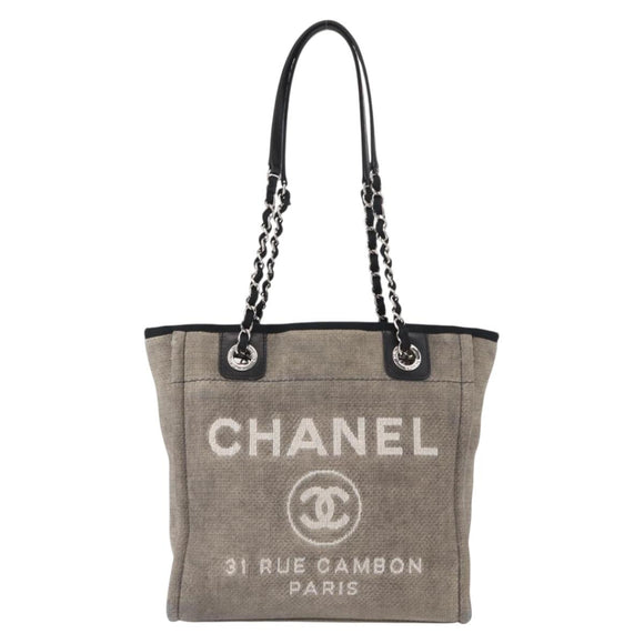 CHANEL Deauville line Chain Tote Bag Canvas Gray Silver CC Auth bs31505