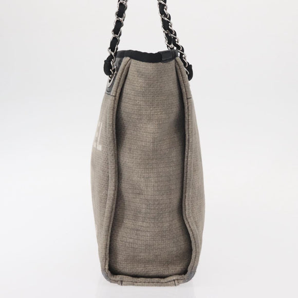 CHANEL Deauville line Chain Tote Bag Canvas Gray Silver CC Auth bs31505