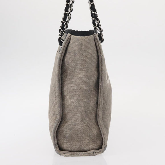 CHANEL Deauville line Chain Tote Bag Canvas Gray Silver CC Auth bs31505