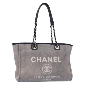 CHANEL Deauville line Chain Tote Bag Canvas Navy Silver CC Auth bs31507