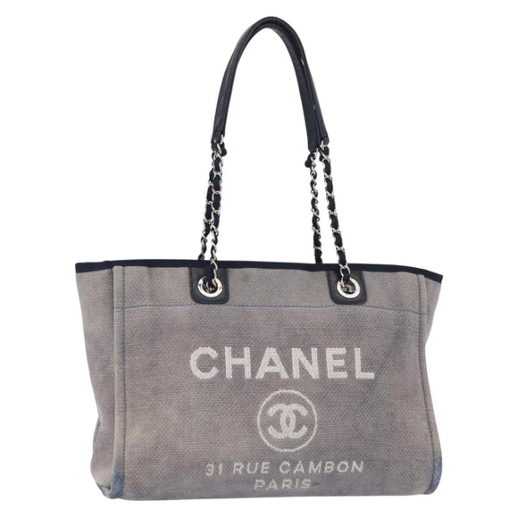 CHANEL Deauville line Chain Tote Bag Canvas Navy Silver CC Auth bs31507