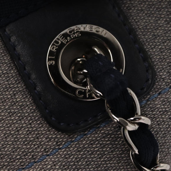 CHANEL Deauville line Chain Tote Bag Canvas Navy Silver CC Auth bs31507
