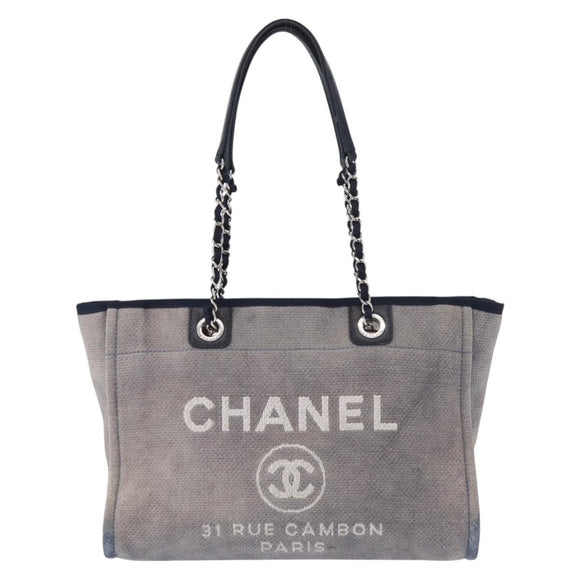 CHANEL Deauville line Chain Tote Bag Canvas Navy Silver CC Auth bs31507