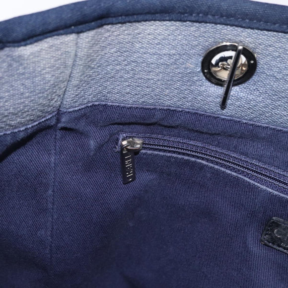 CHANEL Deauville line Chain Tote Bag Canvas Navy Silver CC Auth bs31507