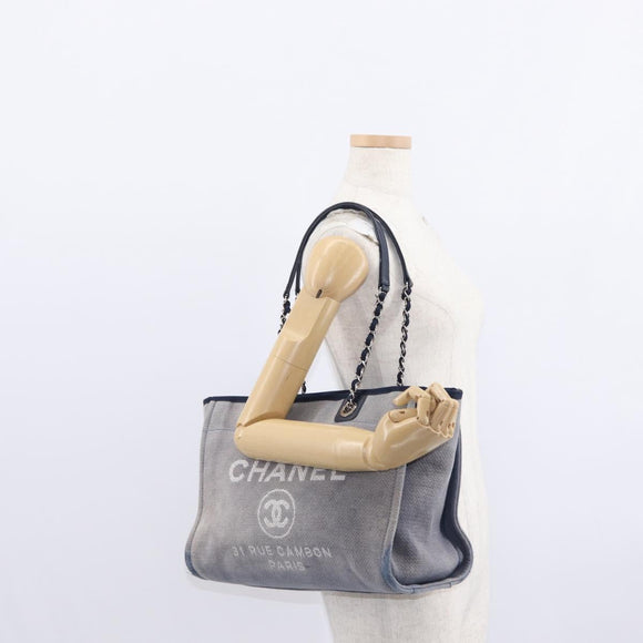 CHANEL Deauville line Chain Tote Bag Canvas Navy Silver CC Auth bs31507