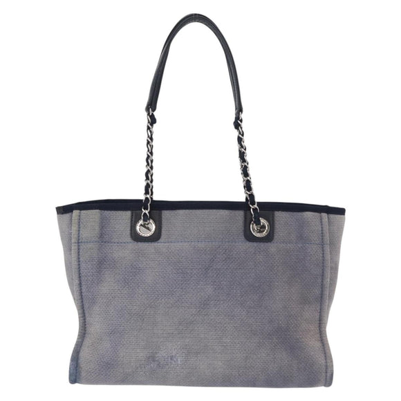 CHANEL Deauville line Chain Tote Bag Canvas Navy Silver CC Auth bs31507