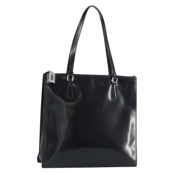 PRADA Tote Bag Enamel Black Silver Auth bs31534