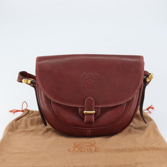 LOEWE Shoulder Bag Leather Bordeaux Gold Auth bs31536