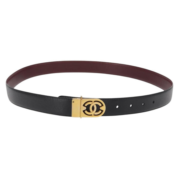 CHANEL Belt Leather 42.5"" Black Gold CC Auth bs31570