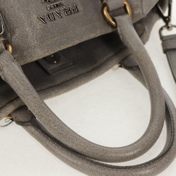 PRADA Tote Bag Leather 2way Gray Silver Auth bs31577