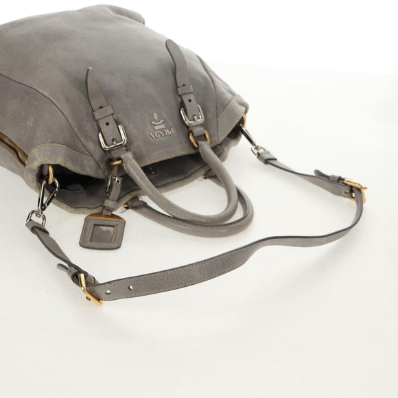 PRADA Tote Bag Leather 2way Gray Silver Auth bs31577