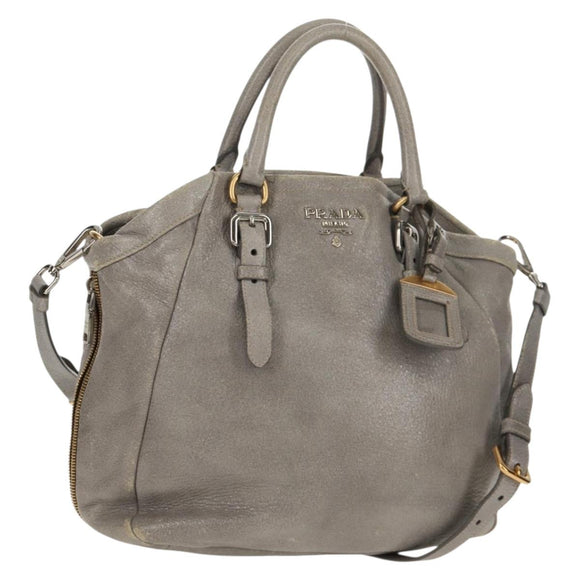 PRADA Tote Bag Leather 2way Gray Silver Auth bs31577